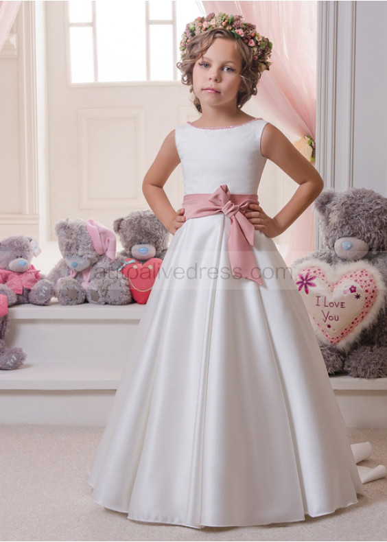 Beaded Scoop Back Satin Floor Length Flower Girl Dress